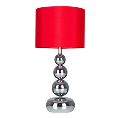 ValueLights Pair Of Chrome Stacked Balls Table Lamps With Red Faux Silk Shades