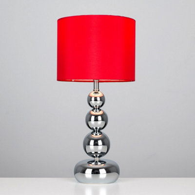 ValueLights Pair Of Chrome Stacked Balls Table Lamps With Red Faux Silk Shades