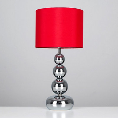 ValueLights Pair Of Chrome Stacked Balls Table Lamps With Red Faux Silk Shades
