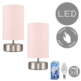 ValueLights Pair of - Chrome Touch Dimmer Bedside Table Lamps with Pink Light Shades - With 5w LED Candle Bulbs In Warm White