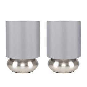 ValueLights Pair of - Chrome Touch Table Lamps with Grey Shades - Complete with 5w LED Dimmable Candle Bulbs 3000K Warm White