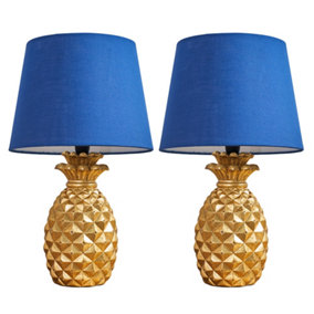 ValueLights Pair Of Contemporary Pineapple Design Gold Effect Table Lamps With Navy Shades