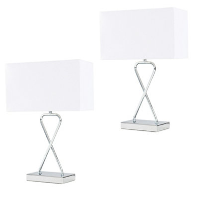 ValueLights Pair Of Contemporary Polished Chrome Table Lamps With White Rectangular Shades