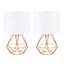 ValueLights Pair of Copper Metal Basket Cage Bed Side Table Lamps with White Fabric Shades With LED Golfball Bulb In Warm White