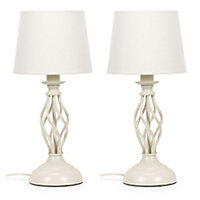ValueLights Pair of Cream Twist Table Lamps with a Fabric Lampshade Bedroom Bedside Light