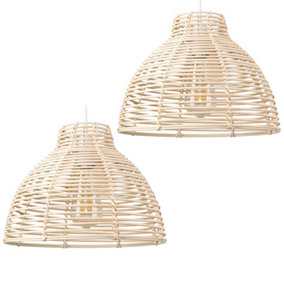 ValueLights Pair of - Cream Wicker Rattan Basket Style Ceiling Pendant Shades - Including Bulbs