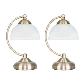 ValueLights Pair Of Curved Antique Brass And Frosted Glass Bedside Table Lamps