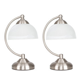 ValueLights Pair Of Curved Brushed Chrome And Frosted Glass Bedside Table Lamps