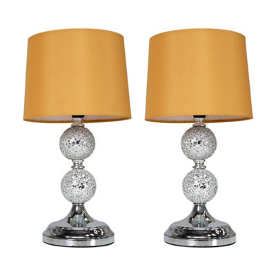 ValueLights Pair Of  Decorative Chrome And Mosaic Crackle Glass Table Lamps With Mustard Shades