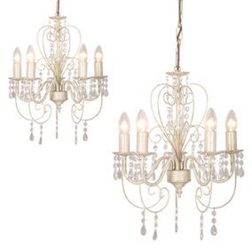 ValueLights Pair Of Distressed Shabby Chic 5 Way White Pendant Ceiling Lights Chandeliers