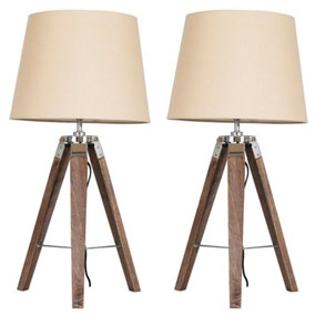 ValueLights Pair Of Distressed Wood And Silver Chrome Tripod Table Lamps With Beige Light Shades