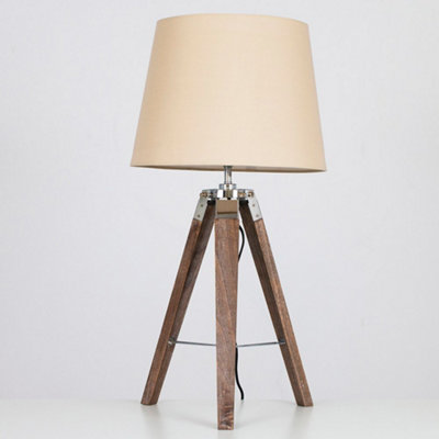 ValueLights Pair Of Distressed Wood And Silver Chrome Tripod Table Lamps With Beige Light Shades