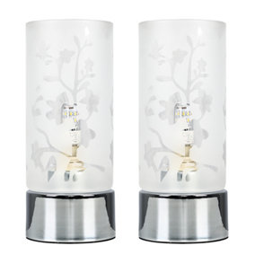 ValueLights Pair Of Floral Design Glass Polished Chrome Touch Table Lamps