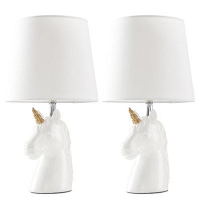 ValueLights Pair Of Gloss White And Gold Ceramic Unicorn Table Lamps With White Light Shades