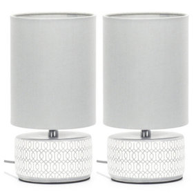 ValueLights Pair of Grey and White Etched Ceramic Table Lamps with a Fabric Lampshade Bedside Light