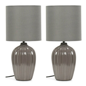 ValueLights Pair of Grey Fluted Ceramic Bedside Table Lamps with a Fabric Lampshade Bedroom Light - Bulbs Included