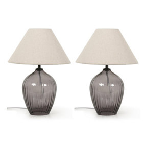 ValueLights Pair of Grey Glass Table Lamps with Fabric Tapered Lampshade Bedside Light - Bulbs Included