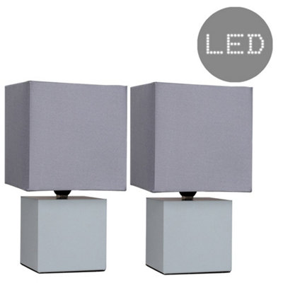 ValueLights Pair Of Grey Modern Cube Touch Dimmer Bedside Table Lamps With Grey Shades