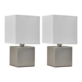 ValueLights Pair Of Grey Modern Cube Touch Dimmer Bedside Table Lamps With White Shades