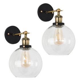 ValueLights Pair Of Industrial Black And Gold Wall Light Fittings With Clear Glass Globe Shades