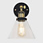 ValueLights Pair Of Industrial Black And Gold Wall Light Fittings With Clear Glass Light Shades