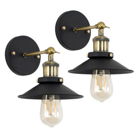 ValueLights Pair Of Industrial Style Black And Antique Brass Wall Lights