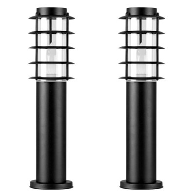 ValueLights Pair of IP44 Rated Outdoor Black Stainless Steel Bollard Lantern Light Posts - LED Candle Bulbs 3000K Warm White