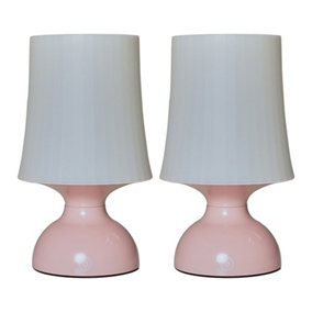 ValueLights Pair Of LED Wireless Outdoor Portable Battery Operated Pink Touch Table Lamps With White Shades