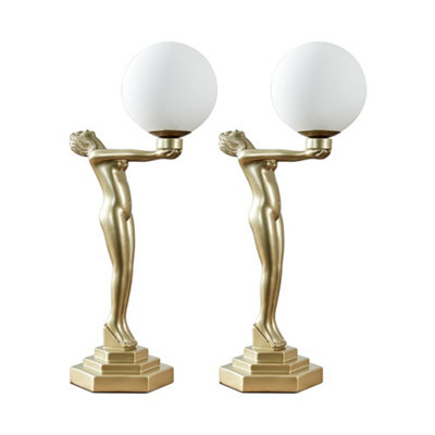 ValueLights Pair Of Matt Gold Art Deco Females Holding Light Table Lamps With Glass Globe Shades