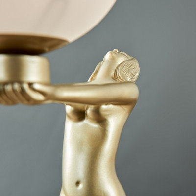 ValueLights Pair Of Matt Gold Art Deco Females Holding Light Table Lamps With Glass Globe Shades