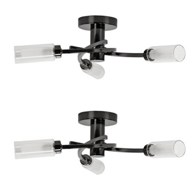 ValueLights Pair Of Modern 3 Way Spiral Flush Black Chrome Ceiling Light Fittings With Glass Shades