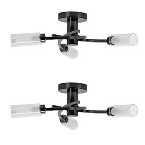 ValueLights Pair Of Modern 3 Way Spiral Flush Black Chrome Ceiling Light Fittings With Glass Shades