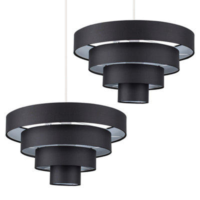 ValueLights Pair Of Modern 4 Tier Black Fabric Ceiling Pendant Light Shades