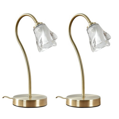 ValueLights Pair Of Modern Antique Brass And Decorative Glass Swan Neck Touch Bedside Table Lamps