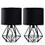 ValueLights Pair Of Modern Black Metal Basket Cage Table Lamps With Black Fabric Shades