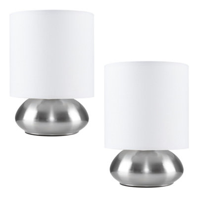 ValueLights Pair Of Modern Brushed Chrome Bedside Touch Table Lamps With White Shades