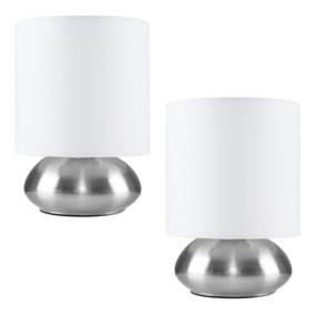ValueLights Pair Of Modern Brushed Chrome Bedside Touch Table Lamps With White Shades