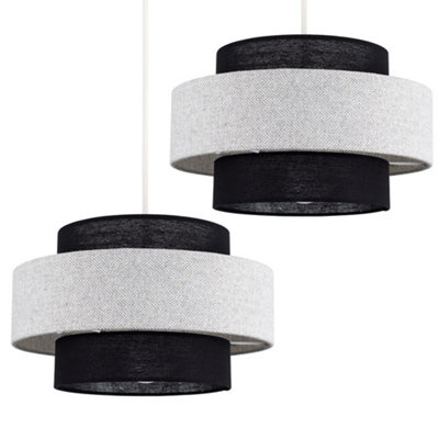 ValueLights Pair Of Modern Ceiling Pendant Light Shades In Black And Grey Herringbone Finish