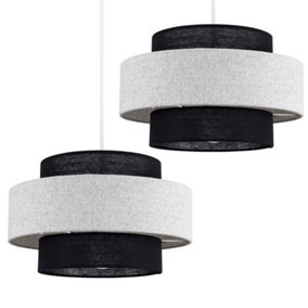 ValueLights Pair Of Modern Ceiling Pendant Light Shades In Black And Grey Herringbone Finish