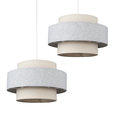 ValueLights Pair Of Modern Ceiling Pendant Light Shades In Cream And Grey Herringbone Finish