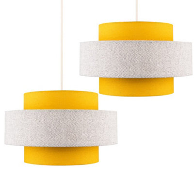 ValueLights Pair Of Modern Ceiling Pendant Light Shades In Mustard And Grey Herringbone Finish