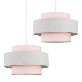 ValueLights Pair Of Modern Ceiling Pendant Light Shades In Pink And Grey Herringbone Finish