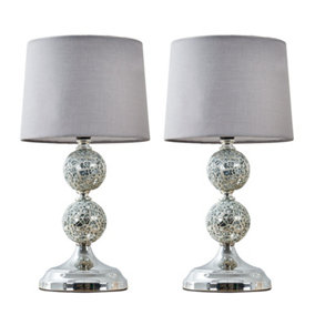 ValueLights Pair Of Modern Chrome And Mosiac Crackle Glass Table Lamps With Grey Shade