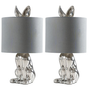 ValueLights Pair of Modern Chrome Ceramic Rabbit/Hare Table Lamps With Grey Shade - Complete with 4w LED Bulbs 3000K Warm White