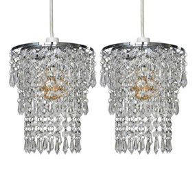 ValueLights Pair Of Modern Chrome Chandelier Pendant Shades With Clear Acrylic Jewel Droplets