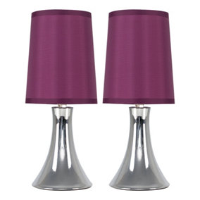 ValueLights Pair Of Modern Chrome Trumpet Touch Table Lamps Bedside Lights With Purple Fabric Shades