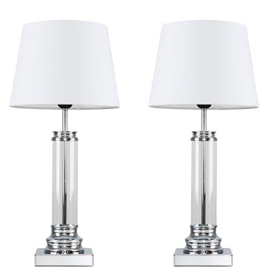 ValueLights Pair Of Modern Clear Glass Column Design Touch Table Lamps With White Shades