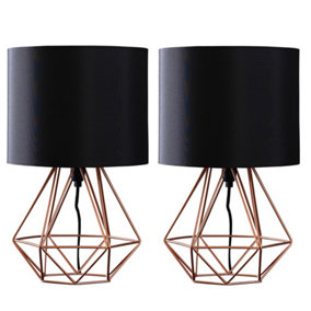 ValueLights Pair Of Modern Copper Metal Basket Cage Table Lamps With Black Fabric Shades