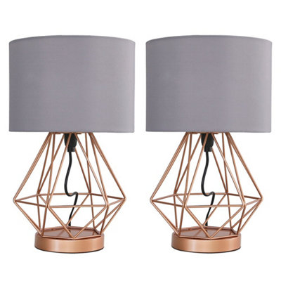 ValueLights Pair Of Modern Copper Metal Basket Cage Touch Table Lamps With Grey Shades