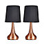 ValueLights Pair Of Modern Copper Teardrop Touch Bed Side Table Lamps With Black Fabric Shades